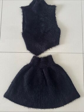 Fuzzy Two-Piece Mini Skirt Set in Black